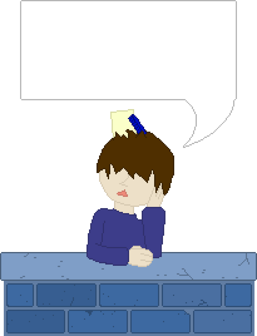 My sona leaning against a brick wall peanuts style, with a large text bubble reading the status